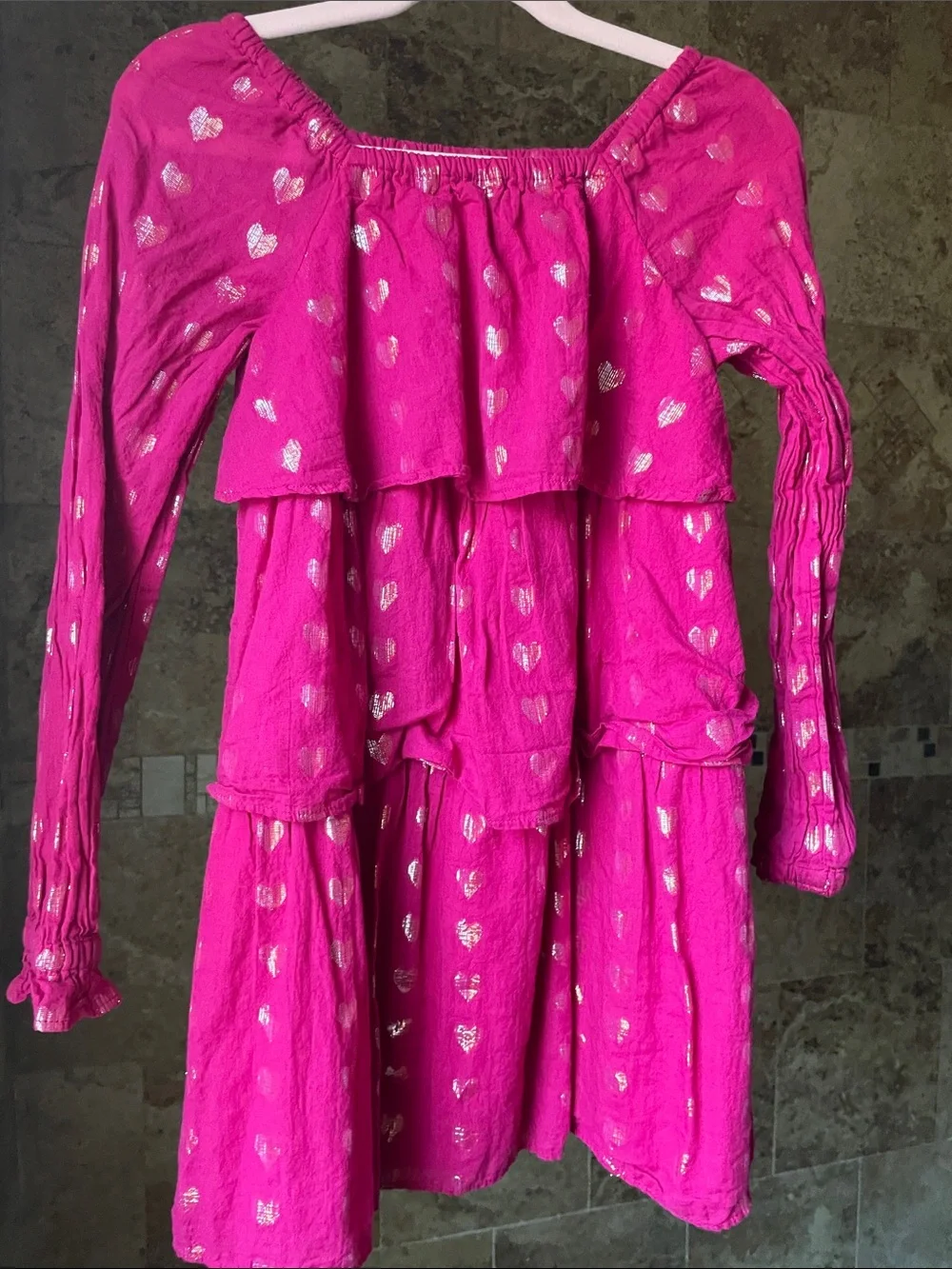 Bright Pink Heart-Print Tiered Dress